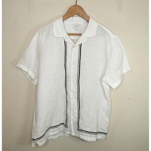 Porter & Ash Linen Shirt Button Up White + Navy Stripe